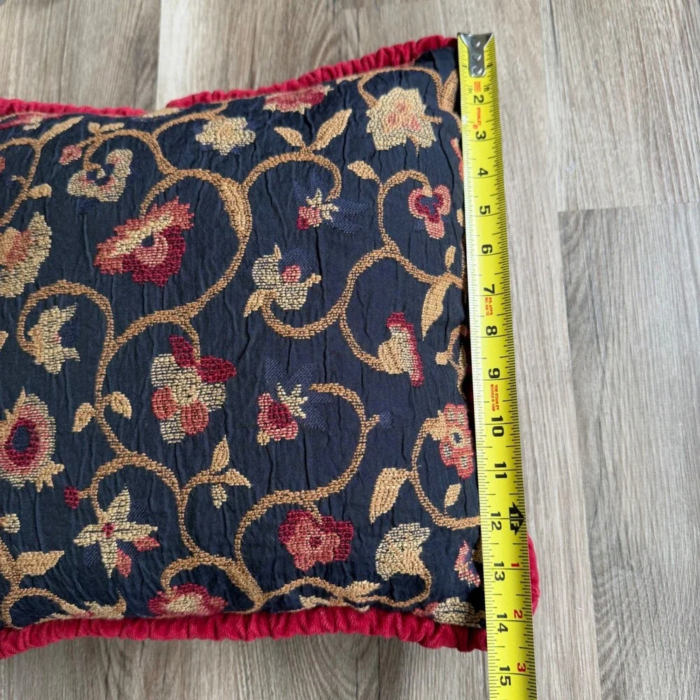 Vintage Floral Tapestry Throw Pillow Navy Red Gold Velvet Ruffle Trim 13x13